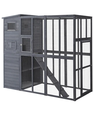 PawHut Cat House Outdoor Catio Kitty Enclosure with Platforms Run Lockable Doors and Asphalt Roof, 77" x 37" x 69", Grey