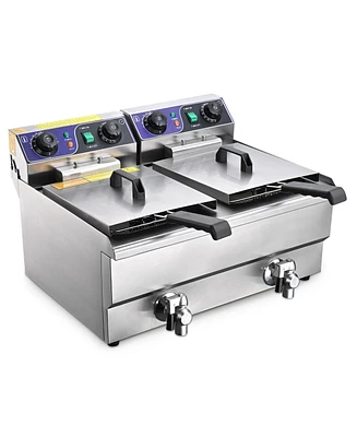 Yescom 23.4L Dual Tank Stainless Steel Commercial Electric Deep Fryer w/ Timer & Drain French Frys