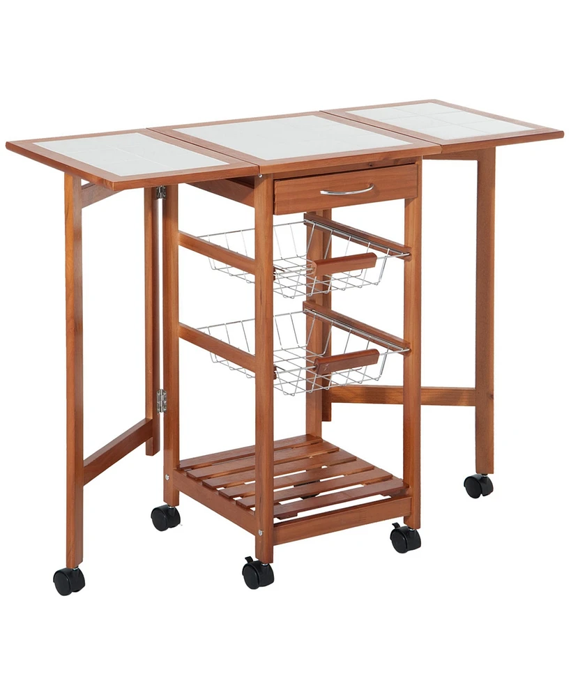 Homcom 37" Modern Wooden Kitchen Island with Drop Leaf, Rolling Cart With Basket Storage