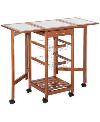 Homcom 37" Modern Wooden Kitchen Island with Drop Leaf, Rolling Cart With Basket Storage