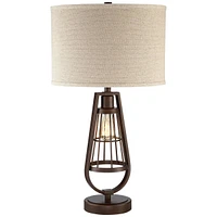 Franklin Iron Works Topher Rustic Industrial Table Lamp with Nightlight Led Edison 27.75" Tall Bronze Brown Caged Metal Burlap Drum Shade for Living R