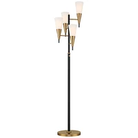 Possini Euro Design Quatro Mid Century Modern Tree Floor Lamp 71" Tall Black Warm Gold Metal 4-Light Frosted Glass Cone Shades Decor for Living Room R
