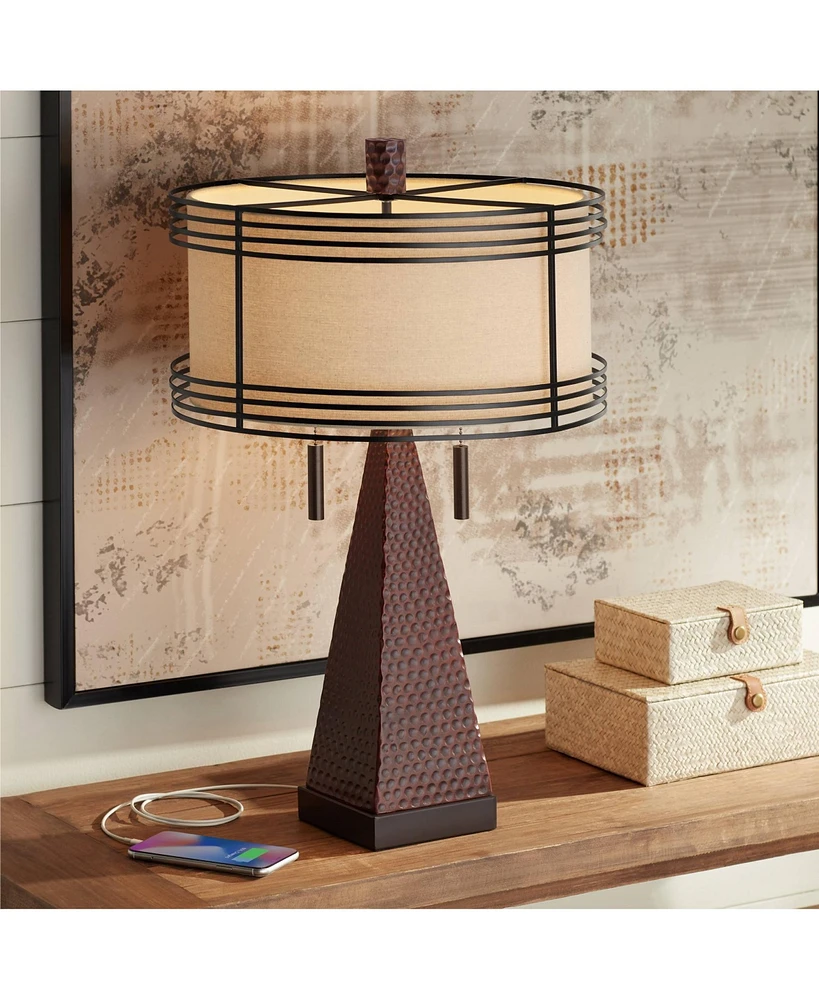 Franklin Iron Works Niklas Industrial Table Lamp with Usb Charging Port Rustic 26" High Hammered Bronze Brown Metal Double Drum Shade for Living Room