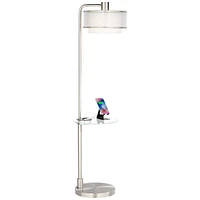 Vogue Modern Floor Lamp with Table Tempered Glass 60" Tall Brushed Nickel White Linen Silver Organza Double Drum Shade Usb Charging Port for Living Ro