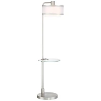 Possini Euro Design Vogue Modern Floor Lamp with Table Tempered Glass 60" Tall Brushed Nickel White Linen Silver Organza Double Drum Shade Usb Chargin