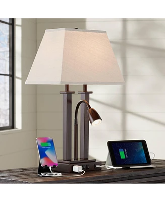 Deacon Modern Desk Table Lamp with Usb and Ac Power Outlet in Base Gooseneck Led 26" High Bronze Rectangular Linen Shade for Living Room Bedroom House