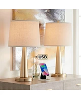 360 Lighting Karla Modern Table Lamps 25" Tall Set of 2 with Usb Charging Port Brass Gold Metal Beige Fabric Drum Shade for Bedroom Living Room House