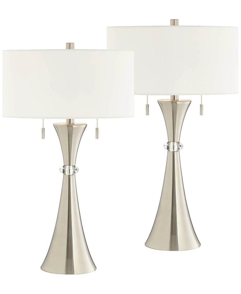 360 Lighting Rachel Modern Art Deco Table Lamps 28" Tall Set of 2 Concave Column Hourglass Silver Metal White Drum Shade for Living Room Bedroom House