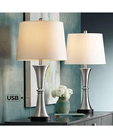 360 Lighting Seymore Modern Table Lamps 26" Tall Set of 2 with Usb Charging Port Silver Led Touch On Off White Drum Shade for Bedroom Living Room Hous