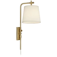 Barnes and Ivy Seline Modern Wall Mounted Lamp Dimmable Warm Gold Metal Plug-In Light Fixture Off White Tapered Drum Shade for Bedroom Bedside House R