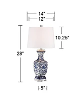 Barnes and Ivy Iris Traditional Country Cottage Table Lamp with Table Top Dimmer 28" Tall Blue White Floral White Porcelain Drum Shade Living Room Bed