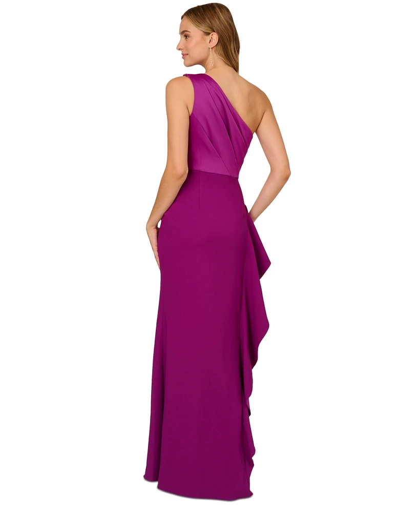 Adrianna Papell One-Shoulder Satin-Trim Draped Gown