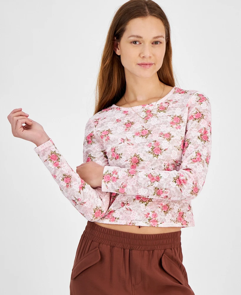 Madden Girl Juniors' Floral-Print Cropped Lace Long Sleeve