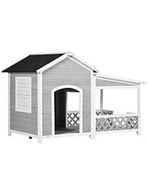 PawHut Wooden Dog House Outdoor with Porch, Cabin Style Raised Dog Shelter, Light Gray