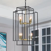 Streamdale Furniture Geometric Pendant Light Black Frame, Gold Base, Adjustable Height