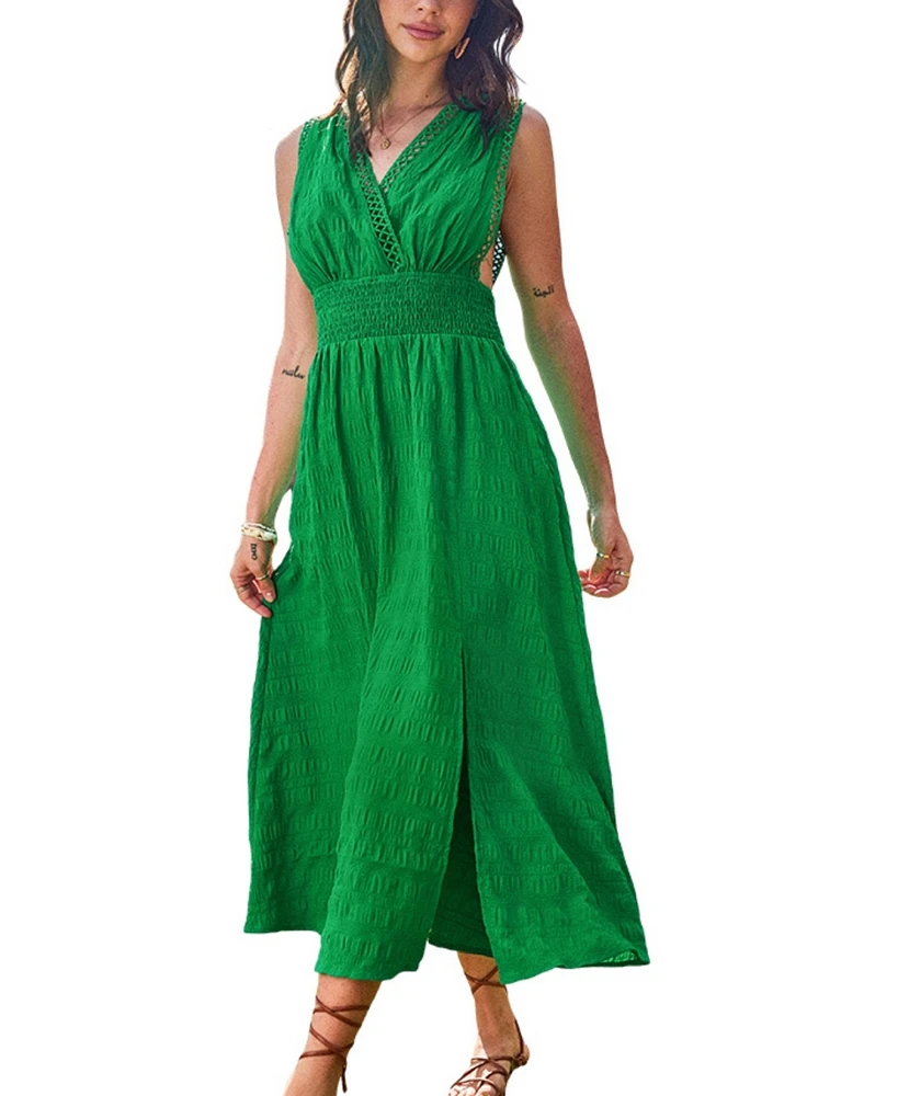 Cupshe Women's Green Crosshatch Trim Sleeveless Midi Beach Dress