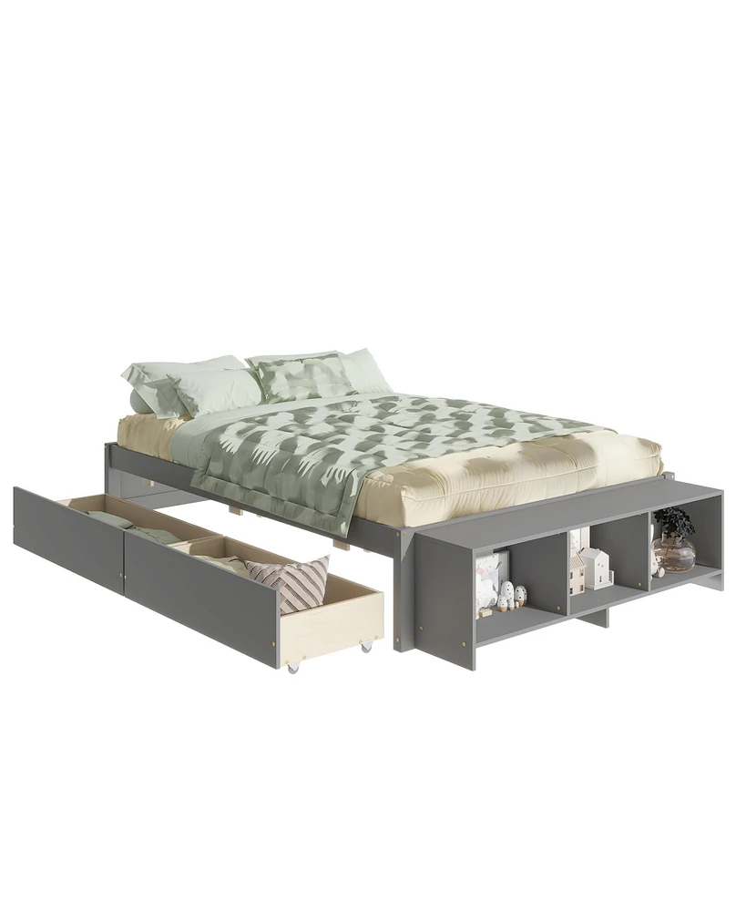 Simplie Fun Full Size Bed With Storage Case, 2 Storage Drawers, Lengthwise Support Slat, Grey