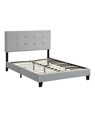 Simplie Fun Queen Size Upholstered Platform Bed Frame With Pull Point Tufted Headboard, Strong Wood Slat