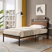 Metal Platform Bed Frame with Wooden Headboard and Usb Liner