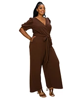 L I V D Plus Iris Surplice Belted Pocket Jumpsuit