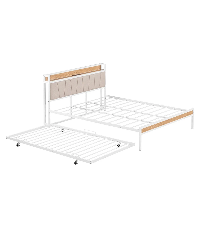 Simplie Fun Metal Platform Bed Frame with Trundle & Usb Ports