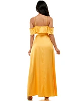 bebe Women's Cold Shoulder Ruffle Maxi Dress, Amber - XXLarge