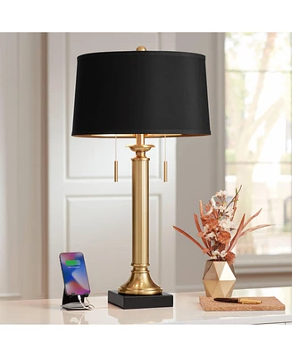 Wynne Traditional Glam Table Lamp with Dual Usb Charging Port 30" Tall Warm Gold Metal Black Drum Shade for Living Room Bedroom House Bedside Nightsta