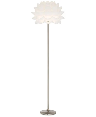 Possini Euro Design Modern Art Deco Floor Lamp Standing 63" Tall Brushed Steel Silver Metal Thin Column White Acrylic Petal Flower Shade Decor for Liv