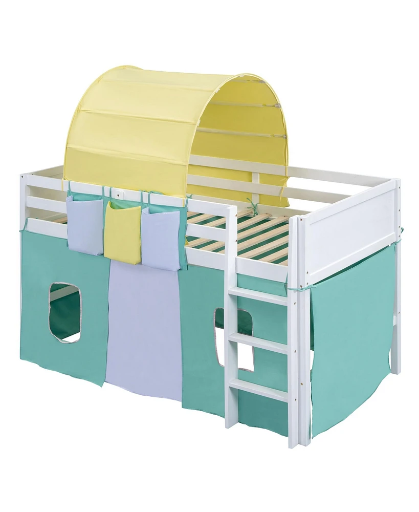 Simplie Fun Twin Size Loft Bed With Tent And Tower And Three Pockets Green