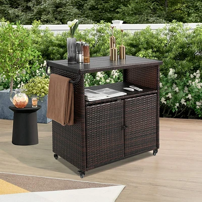 Streamdale Furniture Outdoor Wicker Bar Cart with Wheels and Glass Tabletop