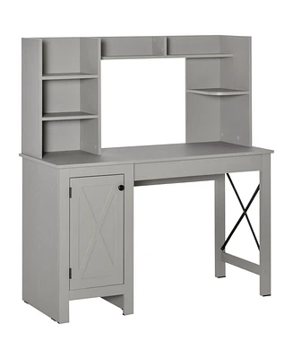 Homcom Farmhouse Computer Desk W/ Hutch Tabletop Cabinet, Home Office Study, Light Grey