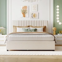Queen Size Upholstered Platform Bed With 2 Drawers And 1 Twin Xl Trundle, Classic Headboard Design