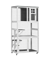 PawHut 74" Wooden Outdoor Cat House Weatherproof & Wheeled, Catio Outdoor Cat Enclosure with High Weight Capacity, Kitten Cage Condo, Gray