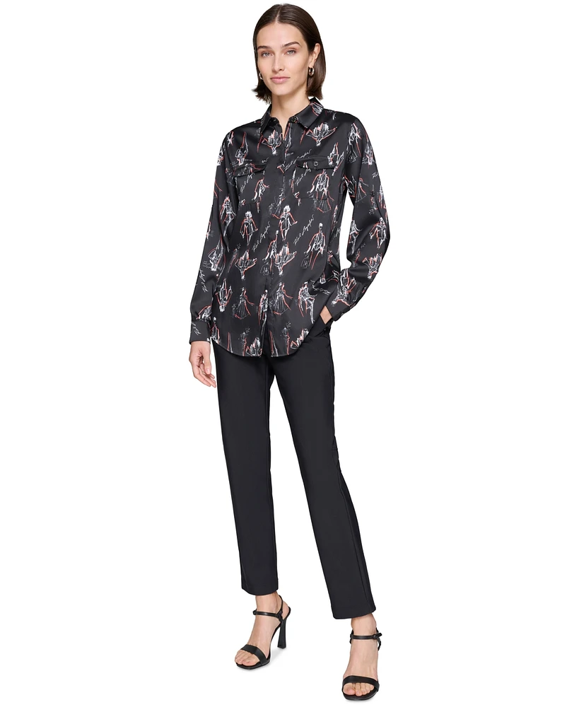 Karl Lagerfeld Paris Women's Printed Utility Button-Front Top