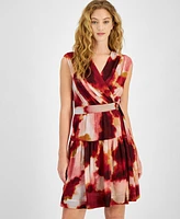 Taylor Women's Printed Chiffon Belted Dress