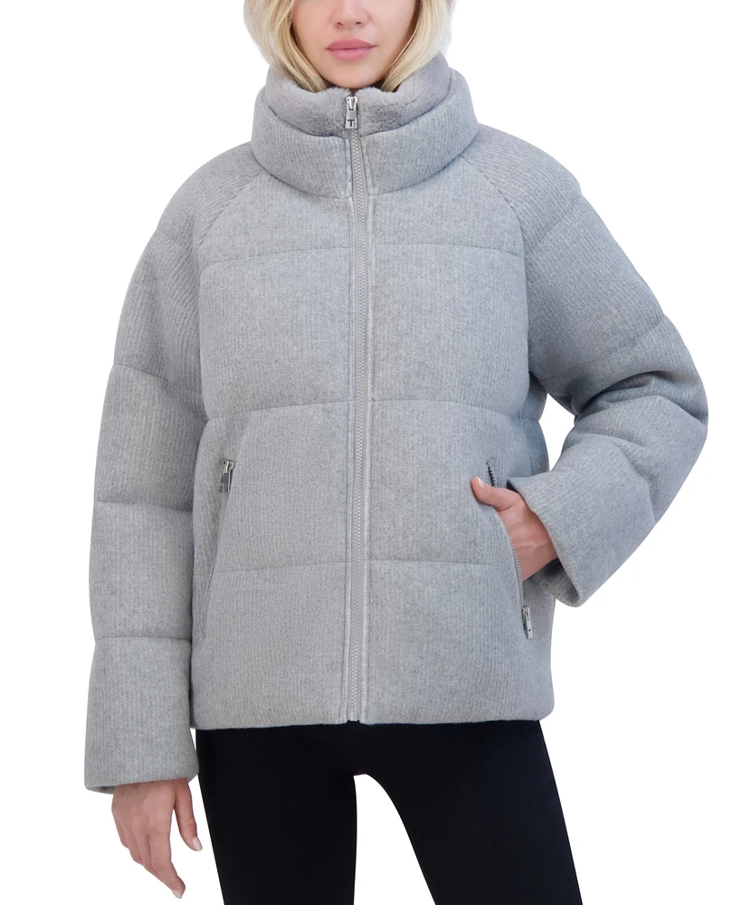 Tahari Women's Knit Faux-Fur-Collar Puffer Coat