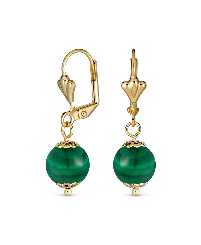 Bling Jewelry Classic Elegant Simple Round Green Synthetic Malachite Dangle Lever Back Drop Ball Earrings For Women Yellow 18K Gold Plated Brass 8MM