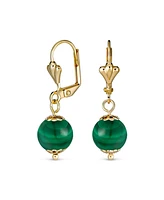 Bling Jewelry Classic Elegant Simple Round Green Synthetic Malachite Dangle Lever Back Drop Ball Earrings For Women Yellow 18K Gold Plated Brass 8MM