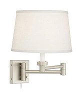 Modern Indoor Swing Arm Wall Lamp Brushed Nickel Plug-In Light Fixture Dimmable White Linen Tapered Drum Shade for Bedroom Bedside House Reading Livin