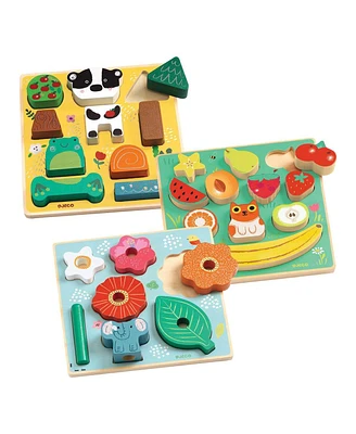 Kaplan Early Learning Djeco Wooden Puzzle & Stacking Games - Set of 3 Puzzle Boards - Assorted pre