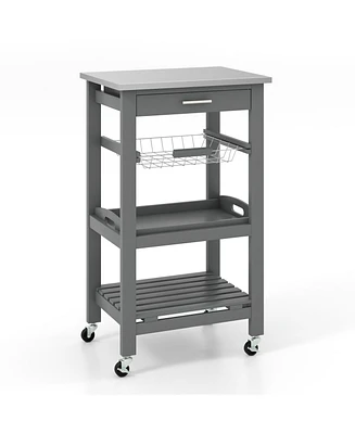 Sugift Kitchen Island Cart with Stainless Steel Tabletop and Basket