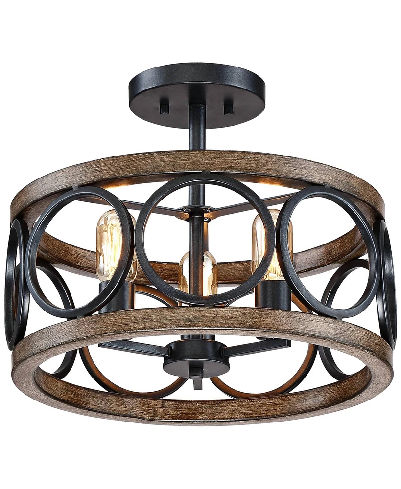 Franklin Iron Works Salima Rustic Farmhouse Ceiling Light Semi Flush-Mount Fixture 16" Wide Black Wood Grain Recessed Converter Kit Led 3