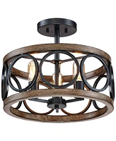 Franklin Iron Works Salima Rustic Farmhouse Ceiling Light Semi Flush-Mount Fixture 16" Wide Black Wood Grain Recessed Converter Kit Led 3