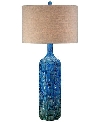 Possini Euro Design Mid Century Modern Style Table Lamp with Table Top Dimmer 36" Tall Teal Glaze Ceramic Tan Linen Drum Shade for Living Room Bedroom