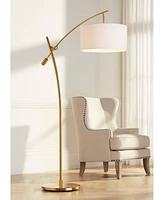 Possini Euro Design Raymond Modern Arc Floor Lamp 69" Tall Warm Gold Metal Adjustable Boom Arm White Linen Drum Shade Decor for Living Room Reading Ho
