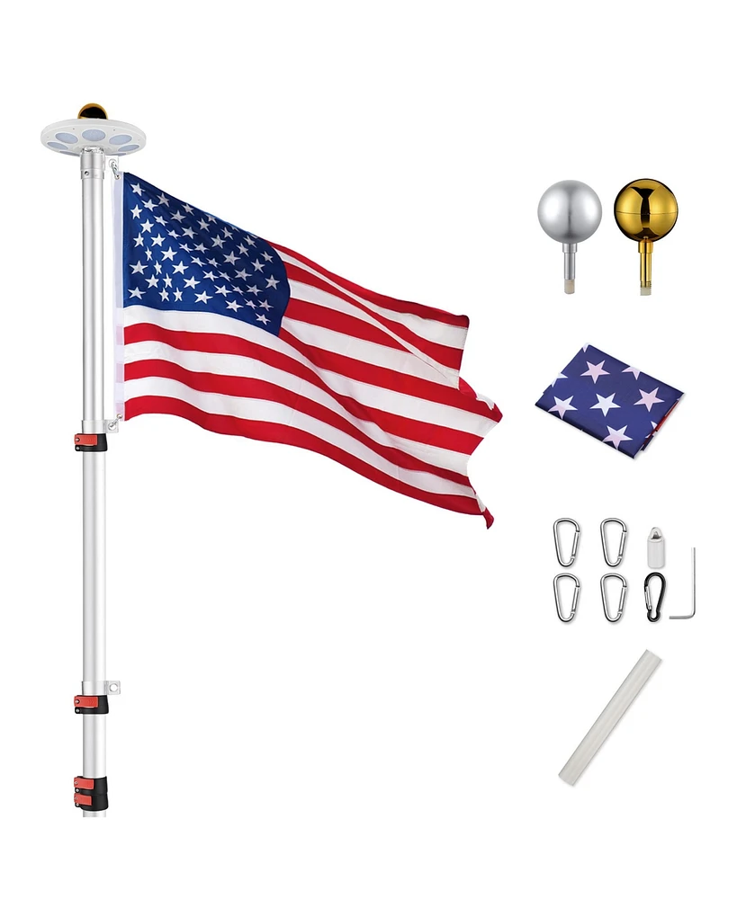 Yescom Ez Go 20ft Led Solar Light Telescoping Flag Pole Kit Upgrade Rotating Lock Outside 3x5' Us Flag Ball Top Silver