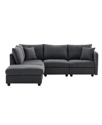 Mondawe 89x79"Modern Sectional Sofa with Vertical Stripes,2 Pillows,5-Seat Couch Convertible Ottoman,Various Combinations,L-Shape Indoor Furnitur