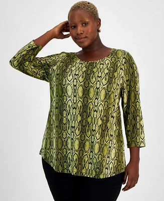 Jm Collection Plus Mirrored Python 3/4-Sleeve Top, Created for Macy's