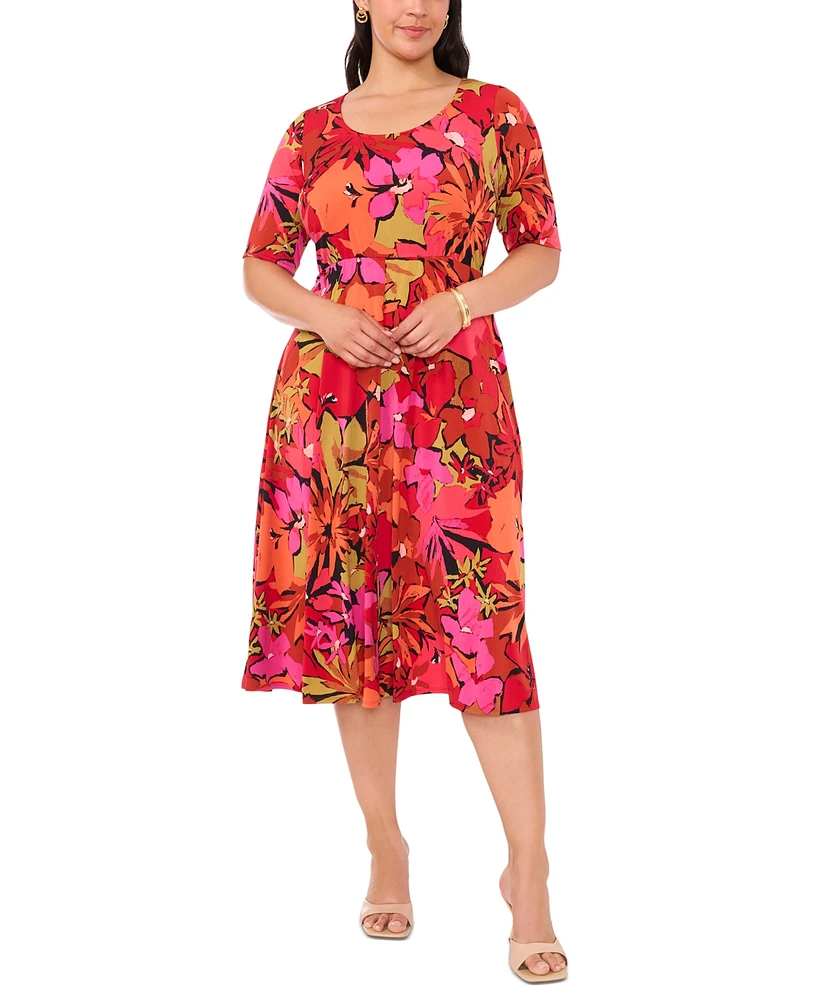 Msk Plus Size Printed Scoop-Neck Elbow-Sleeve Fit & Flare Dress