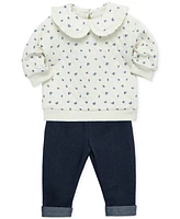 Little Me Baby Floral-Patterned Quilted Sweatshirt & Knit Denim Pants, 2 Piece Set